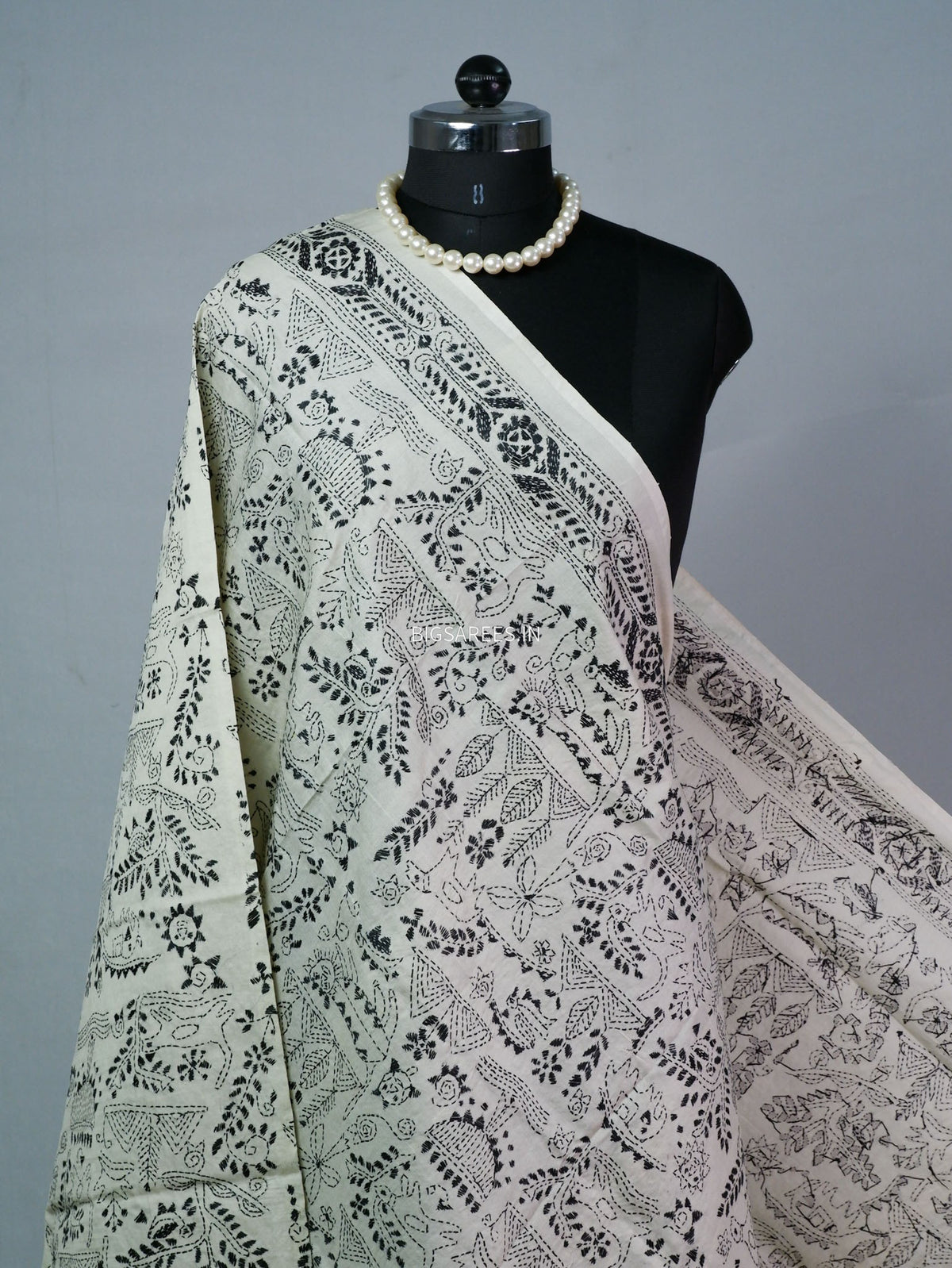 Kantha Hand-Embroidered Dupatta | Semi Tussar Silk | White