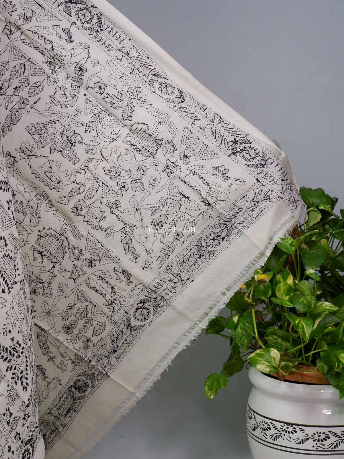 Kantha Hand-Embroidered Dupatta | Semi Tussar Silk | White