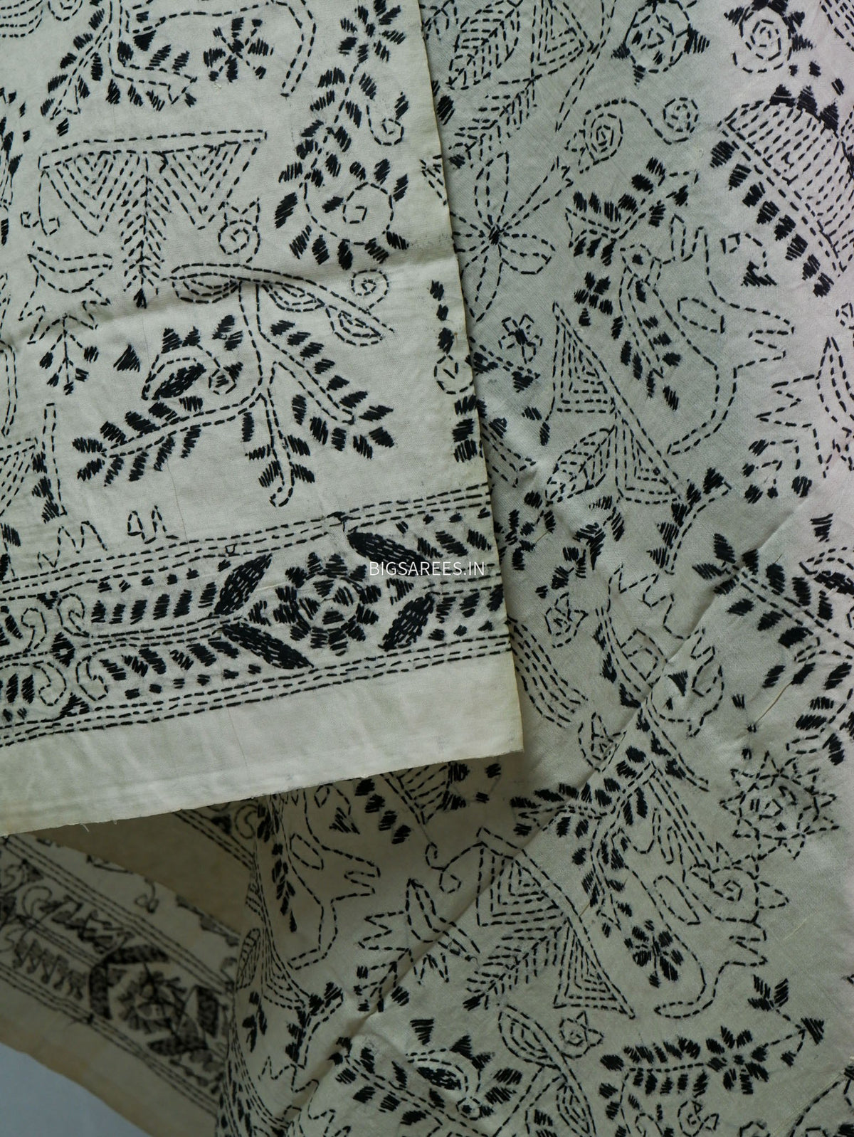 Kantha Hand-Embroidered Dupatta | Semi Tussar Silk | White