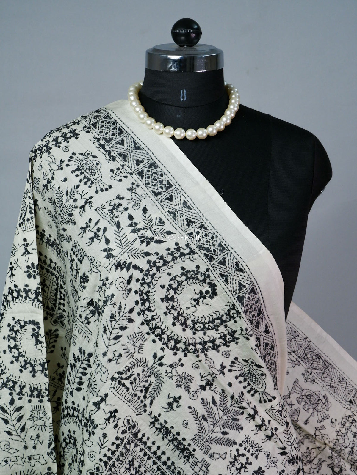 Kantha Hand-Embroidered Dupatta | Semi Tussar Silk | White