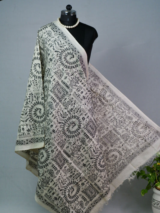 Kantha Hand-Embroidered Dupatta | Semi Tussar Silk | White