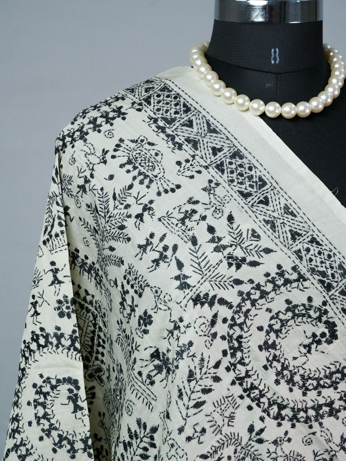 Kantha Hand-Embroidered Dupatta | Semi Tussar Silk | White