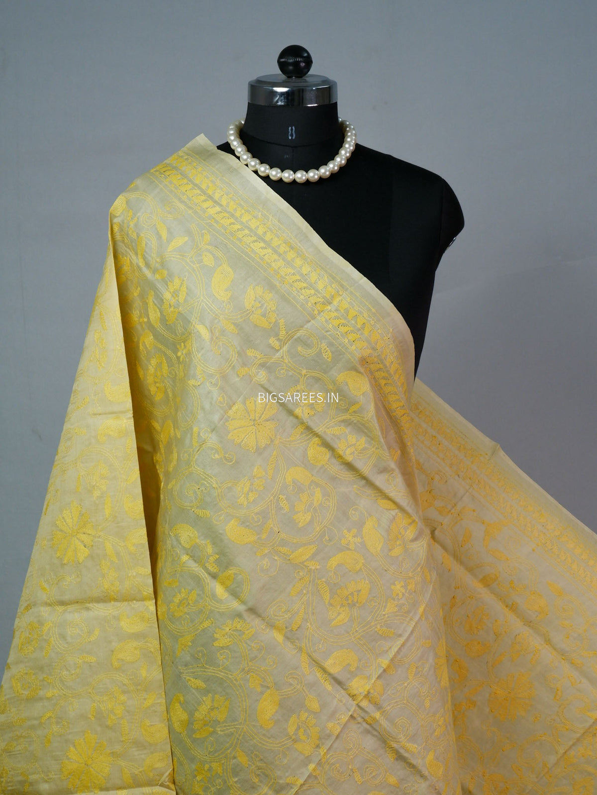 Kantha Hand-Embroidered Dupatta | Semi Tussar Silk | Light Yellow