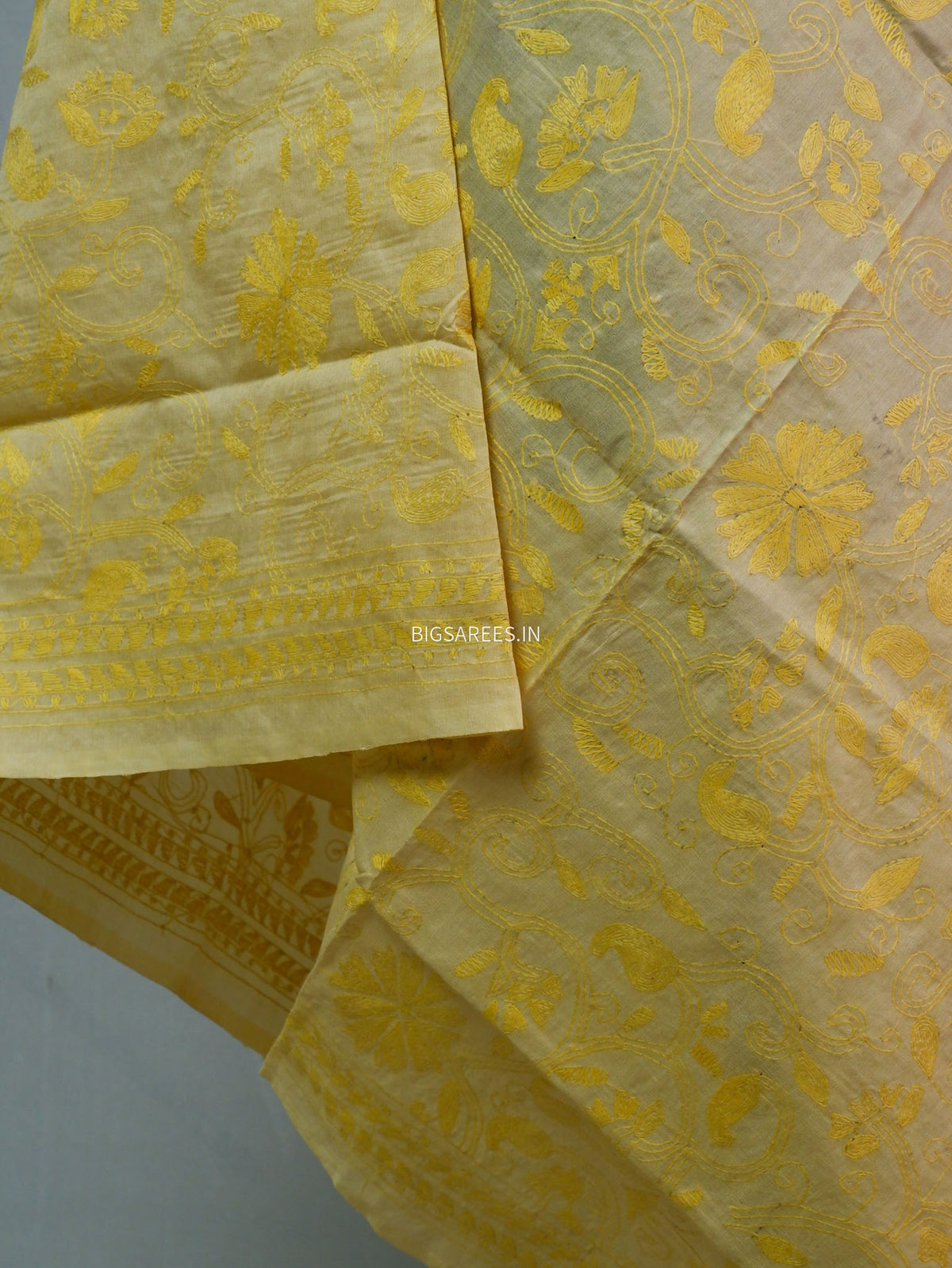 Kantha Hand-Embroidered Dupatta | Semi Tussar Silk | Light Yellow