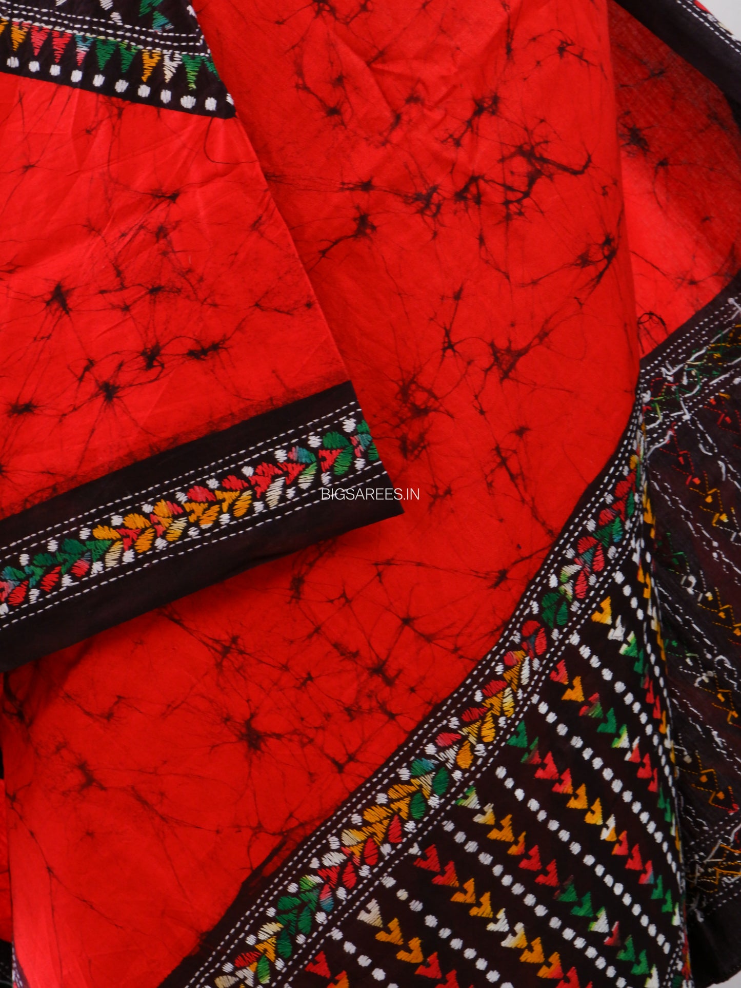 Hand Batik & Kantha Embroidered Dupatta | Cotton | Red/Black