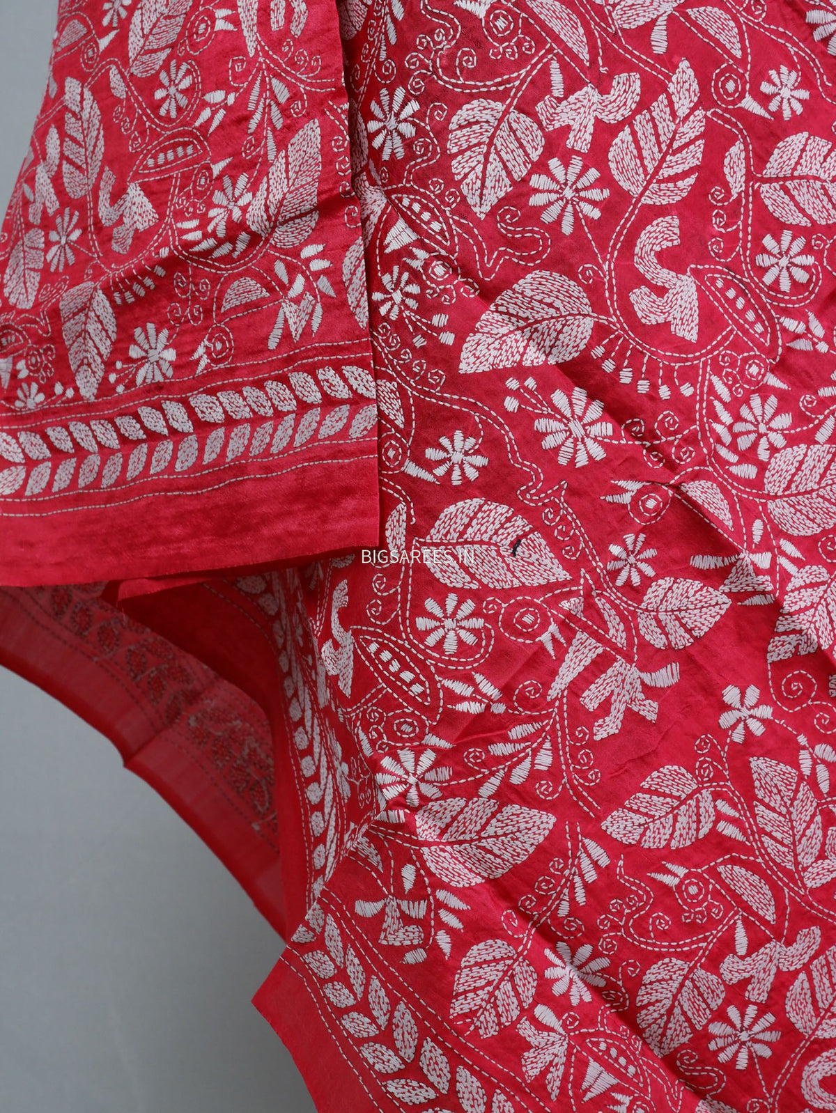 Kantha Hand-Embroidered Dupatta | Semi Tussar Silk | Red