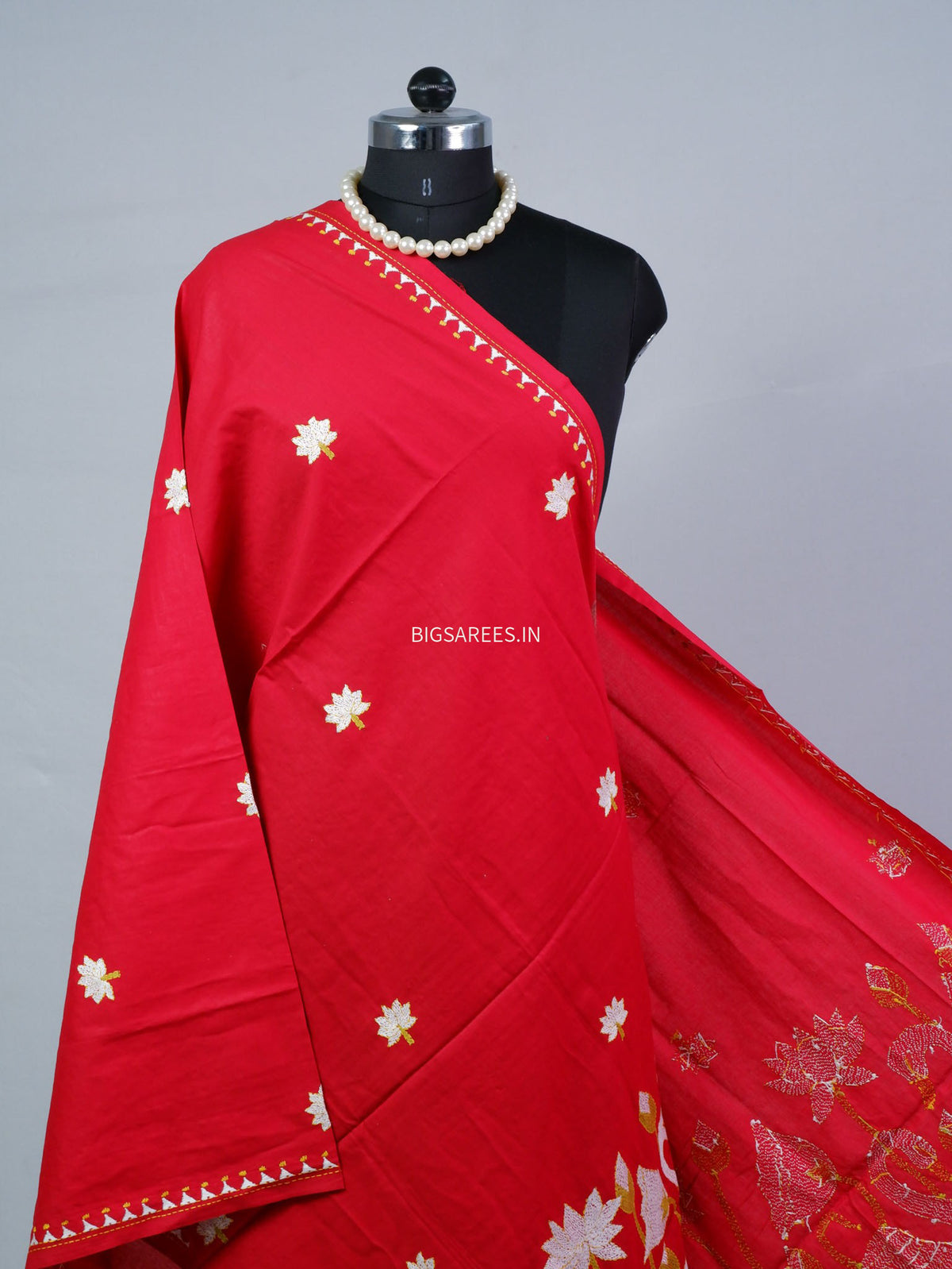 Hand-Embroidered Kantha - Stitch Dupatta | Pure Cotton | Red