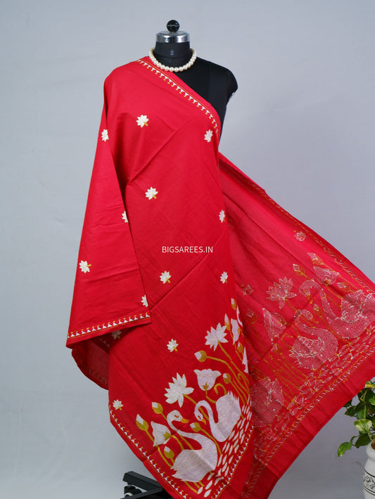 Hand-Embroidered Kantha - Stitch Dupatta | Pure Cotton | Red