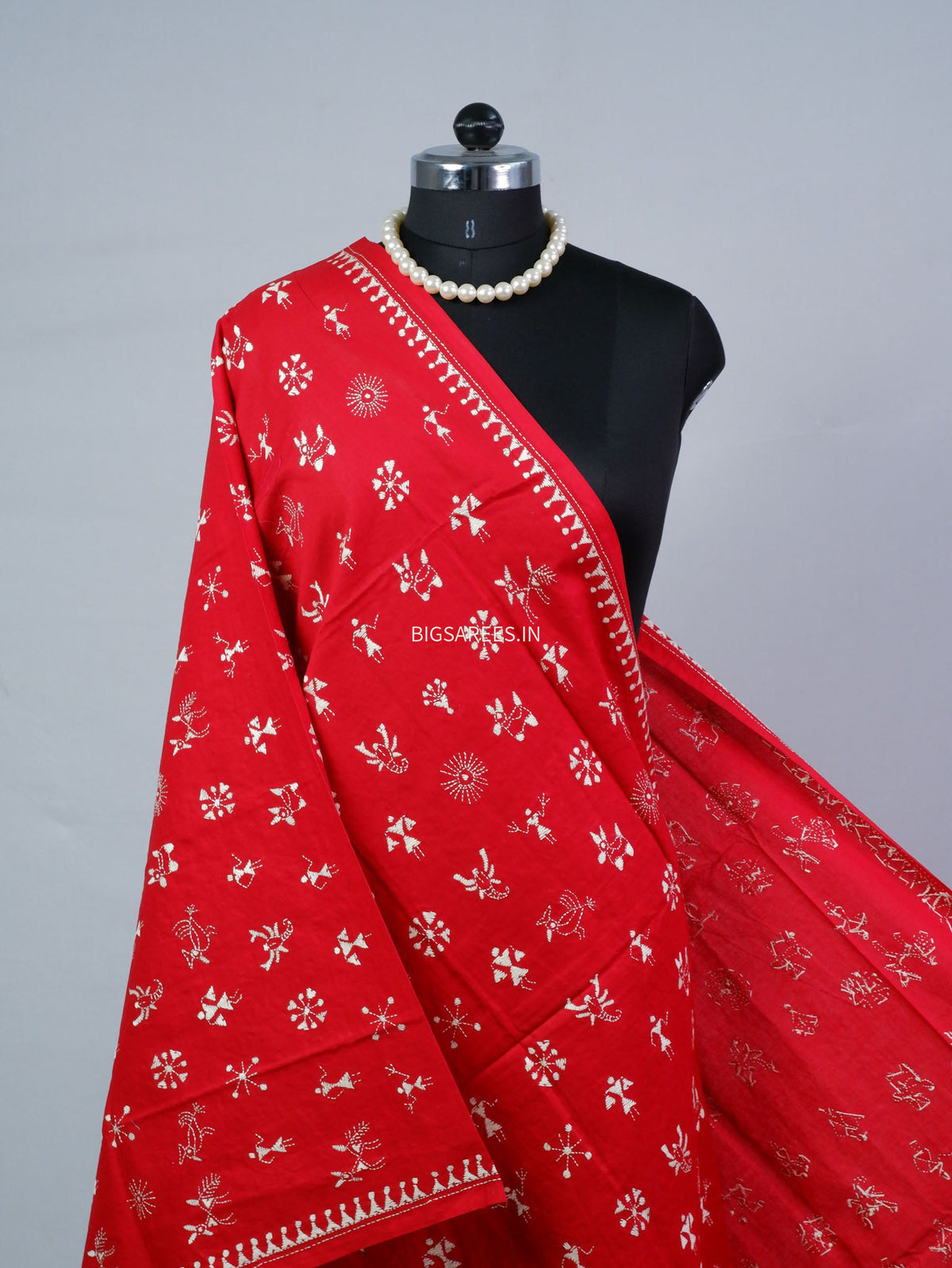 Hand-Embroidered Kantha - Stitch Dupatta | Pure Cotton | Red