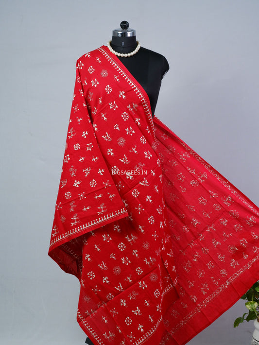 Hand-Embroidered Kantha - Stitch Dupatta | Pure Cotton | Red