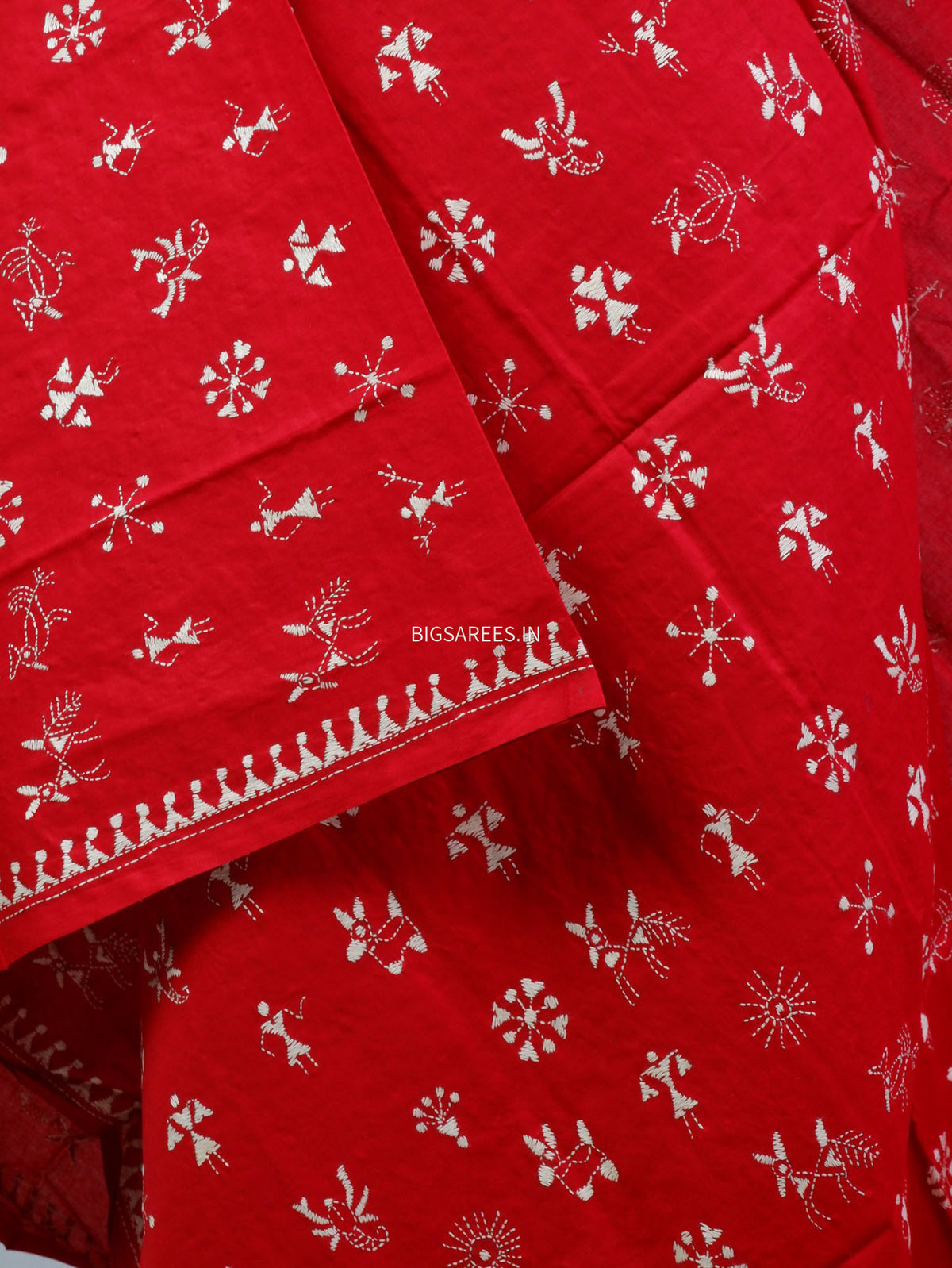 Hand-Embroidered Kantha - Stitch Dupatta | Pure Cotton | Red