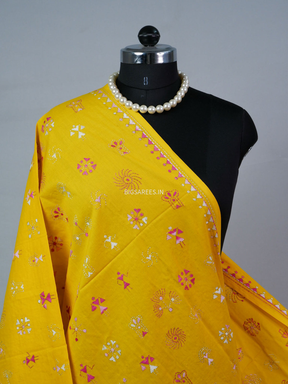 Hand-Embroidered Kantha - Stitch Dupatta | Pure Cotton | Yellow