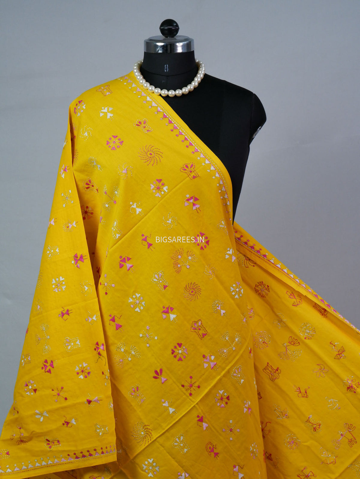 Hand-Embroidered Kantha - Stitch Dupatta | Pure Cotton | Yellow