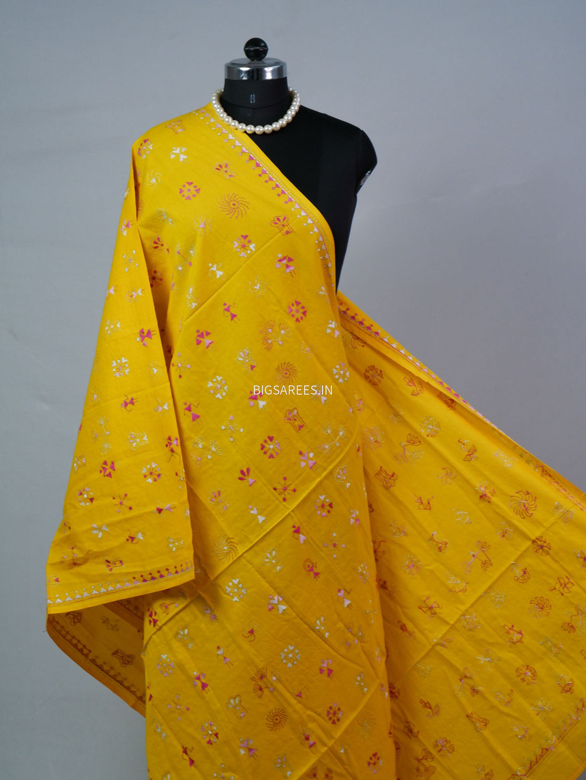 Hand-Embroidered Kantha - Stitch Dupatta | Pure Cotton | Yellow