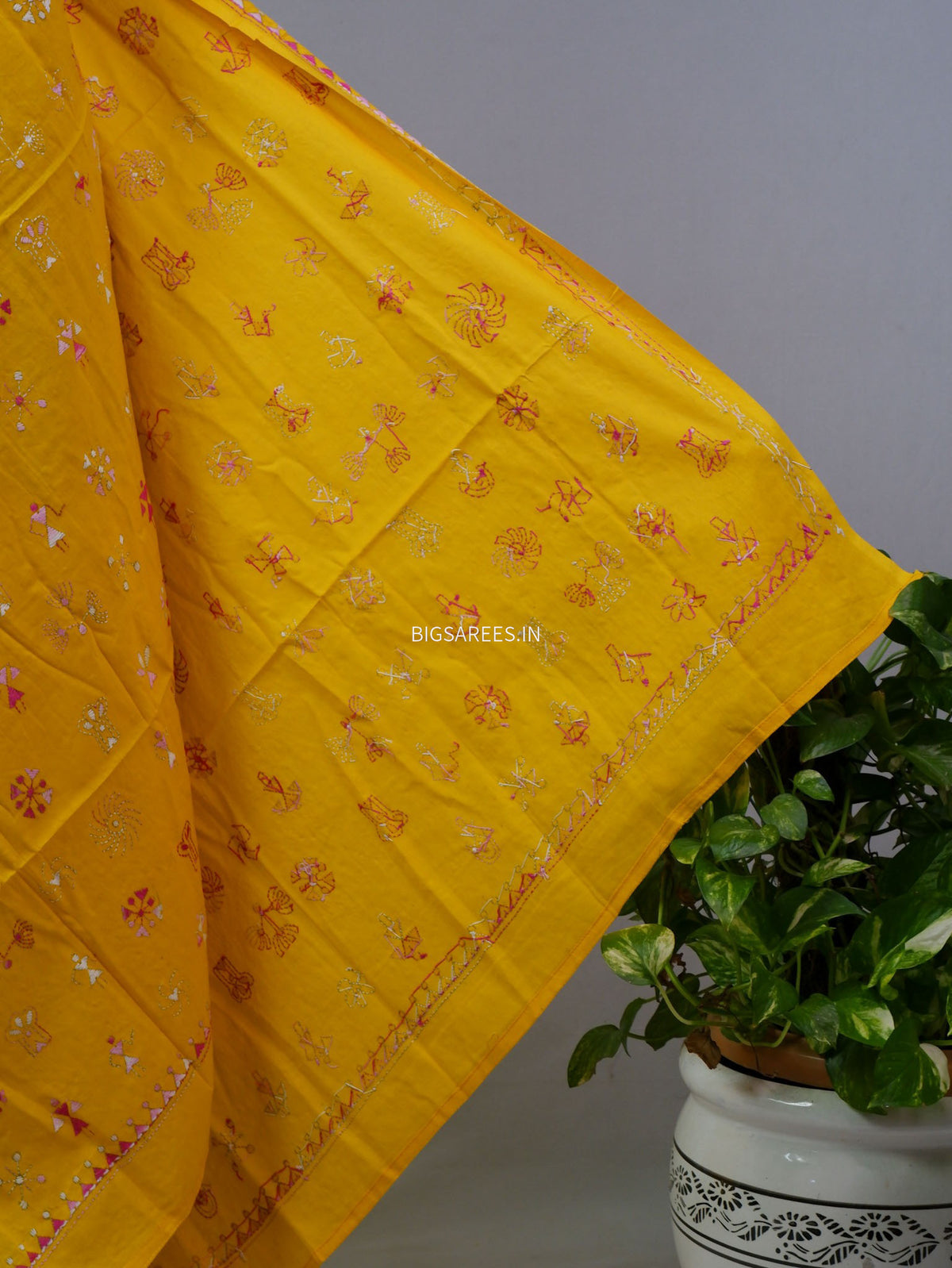 Hand-Embroidered Kantha - Stitch Dupatta | Pure Cotton | Yellow