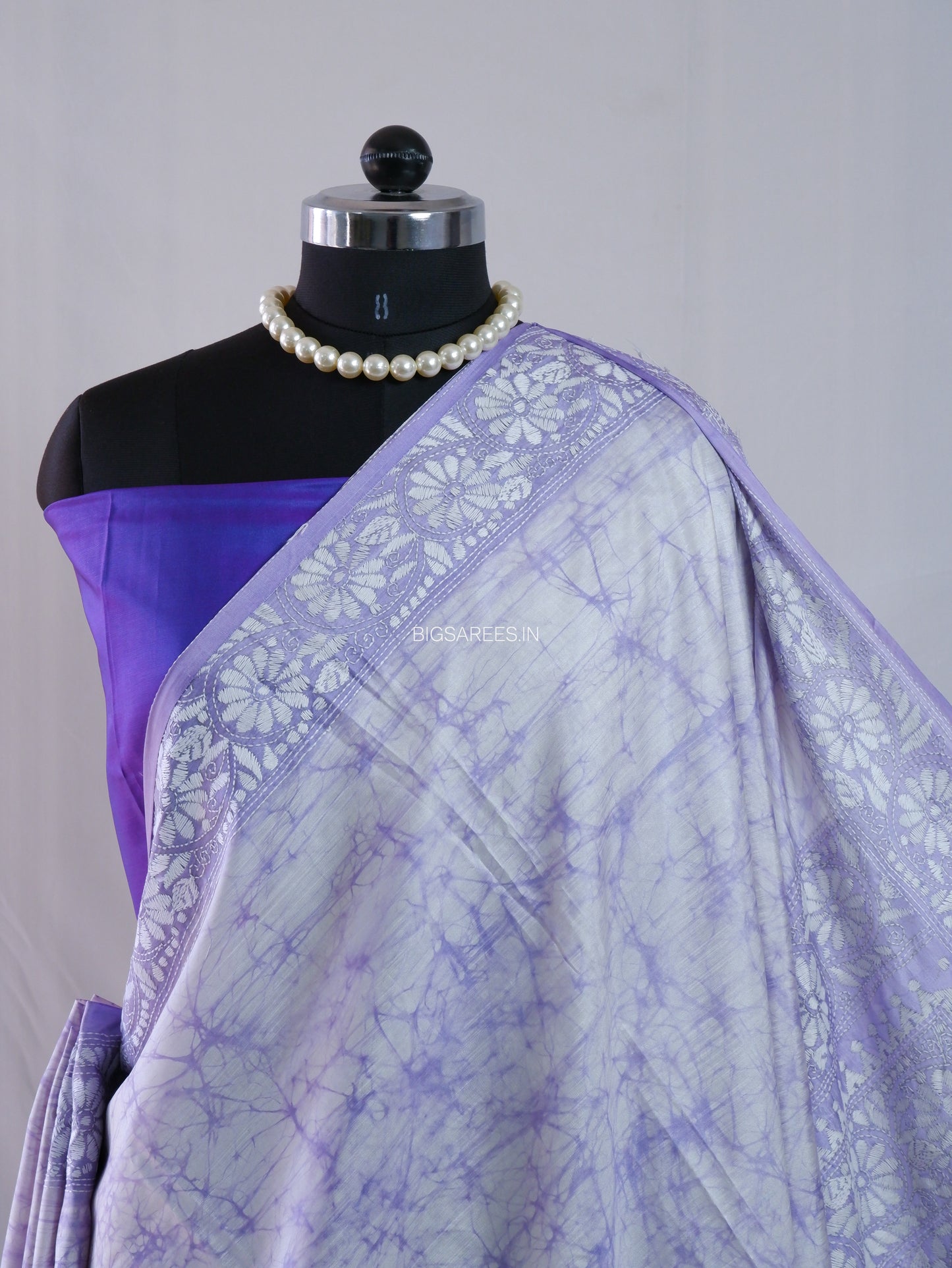 Kantha - Stitch Hand Embroidered Saree| Blended Bangalore Silk / Art Silk | White