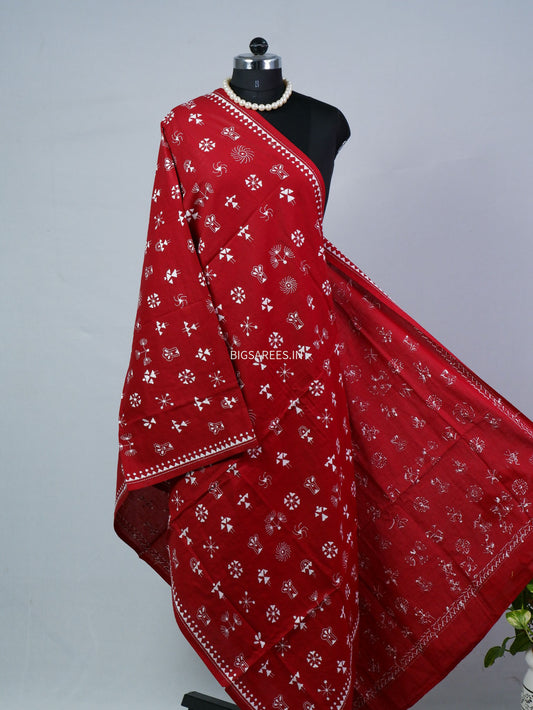 Hand-Embroidered Kantha - Stitch Dupatta | Pure Cotton | Maroon
