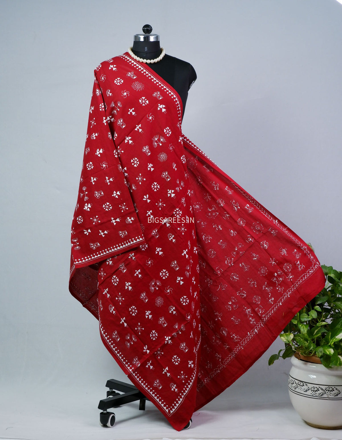 Hand-Embroidered Kantha - Stitch Dupatta | Pure Cotton | Maroon