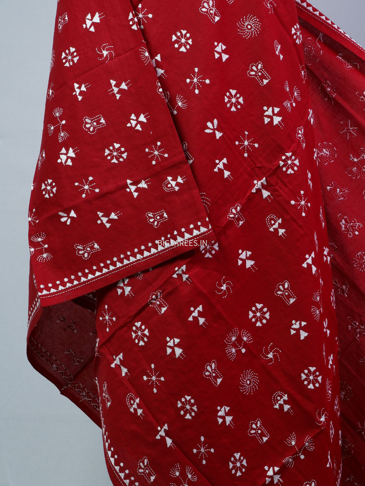 Hand-Embroidered Kantha - Stitch Dupatta | Pure Cotton | Maroon