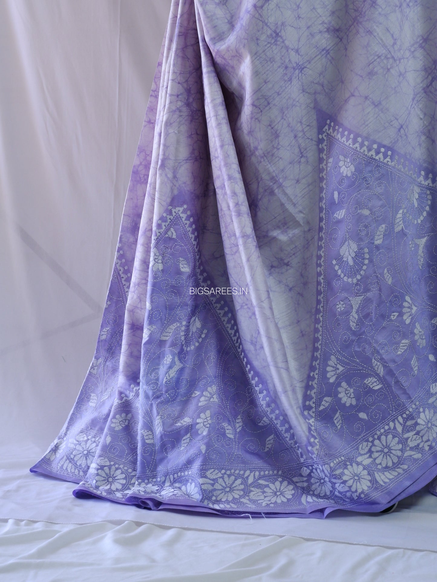 Kantha - Stitch Hand Embroidered Saree| Blended Bangalore Silk / Art Silk | White