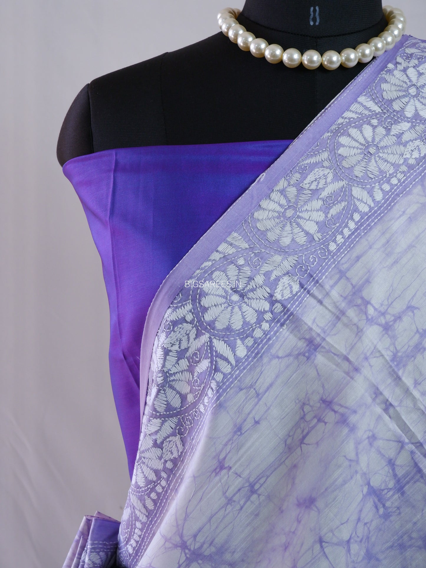 Kantha - Stitch Hand Embroidered Saree| Blended Bangalore Silk / Art Silk | White