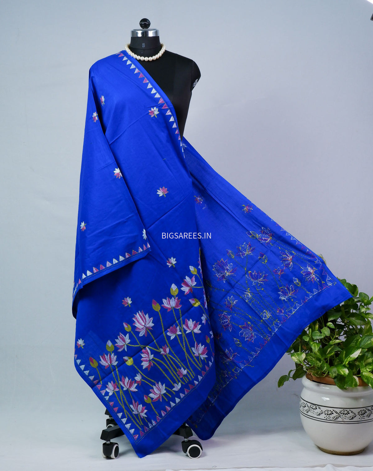 Hand-Embroidered Kantha - Stitch Dupatta | Pure Cotton | Blue