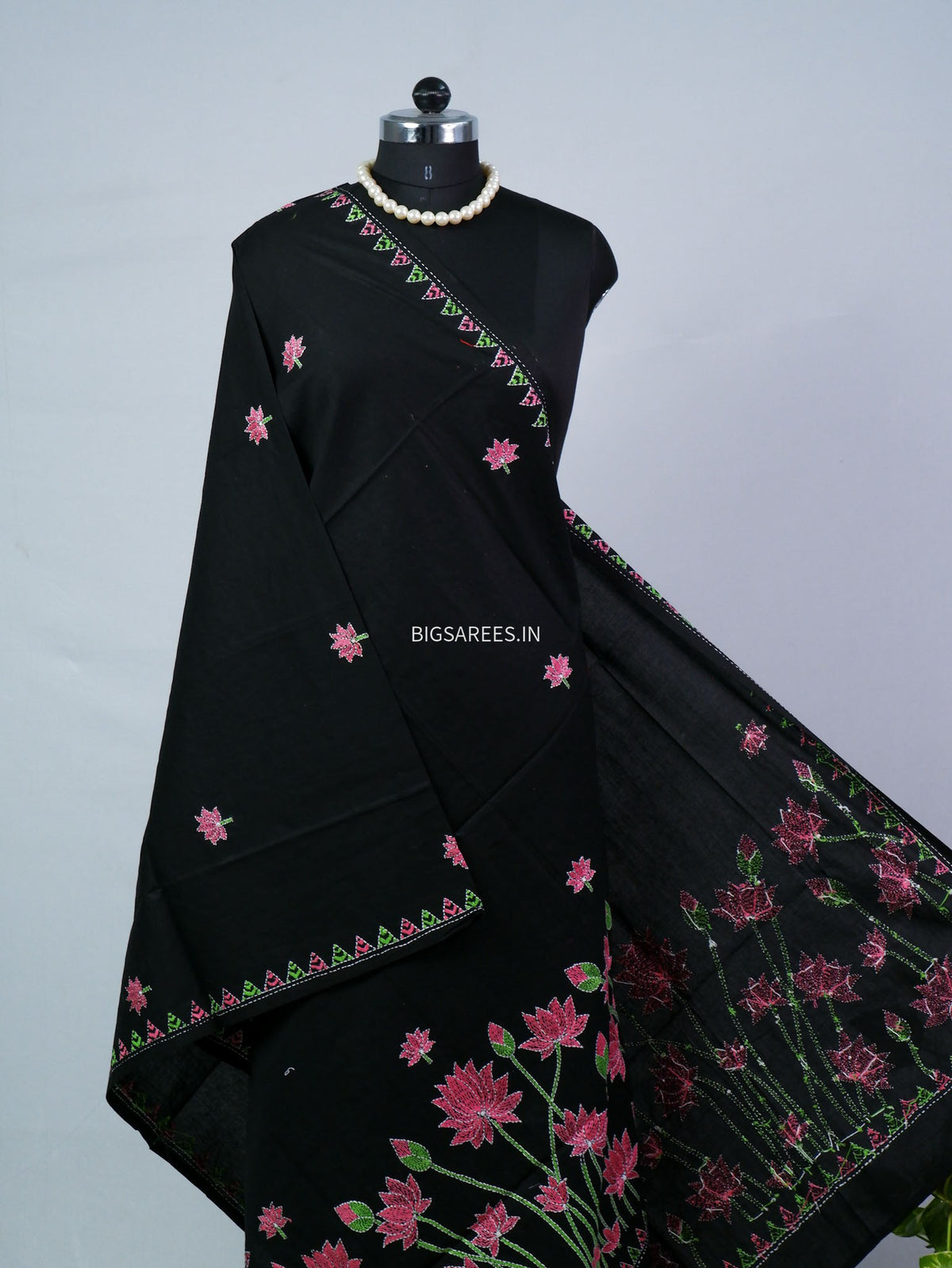 Hand-Embroidered Kantha - Stitch Dupatta | Pure Cotton | Black