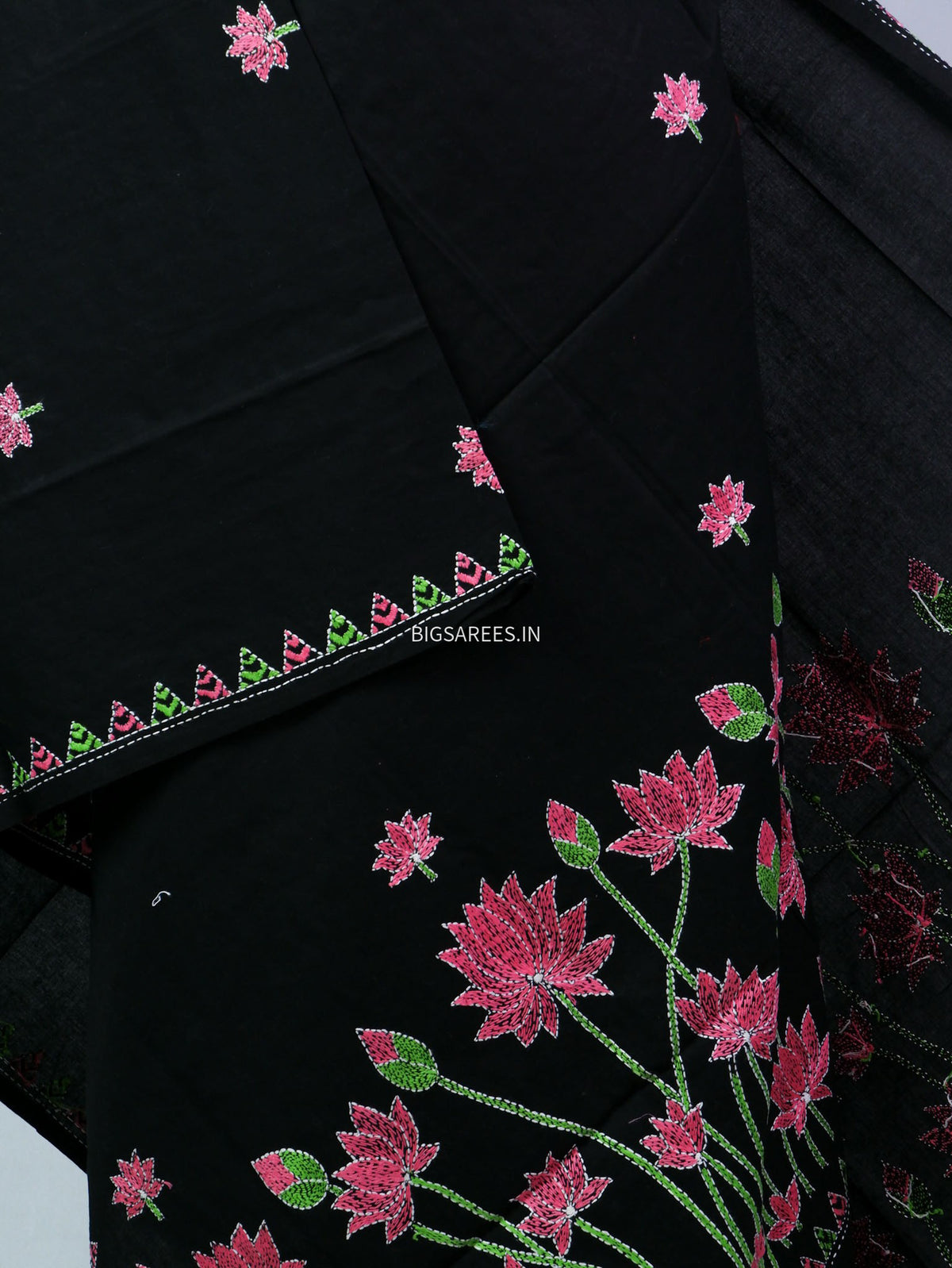 Hand-Embroidered Kantha - Stitch Dupatta | Pure Cotton | Black