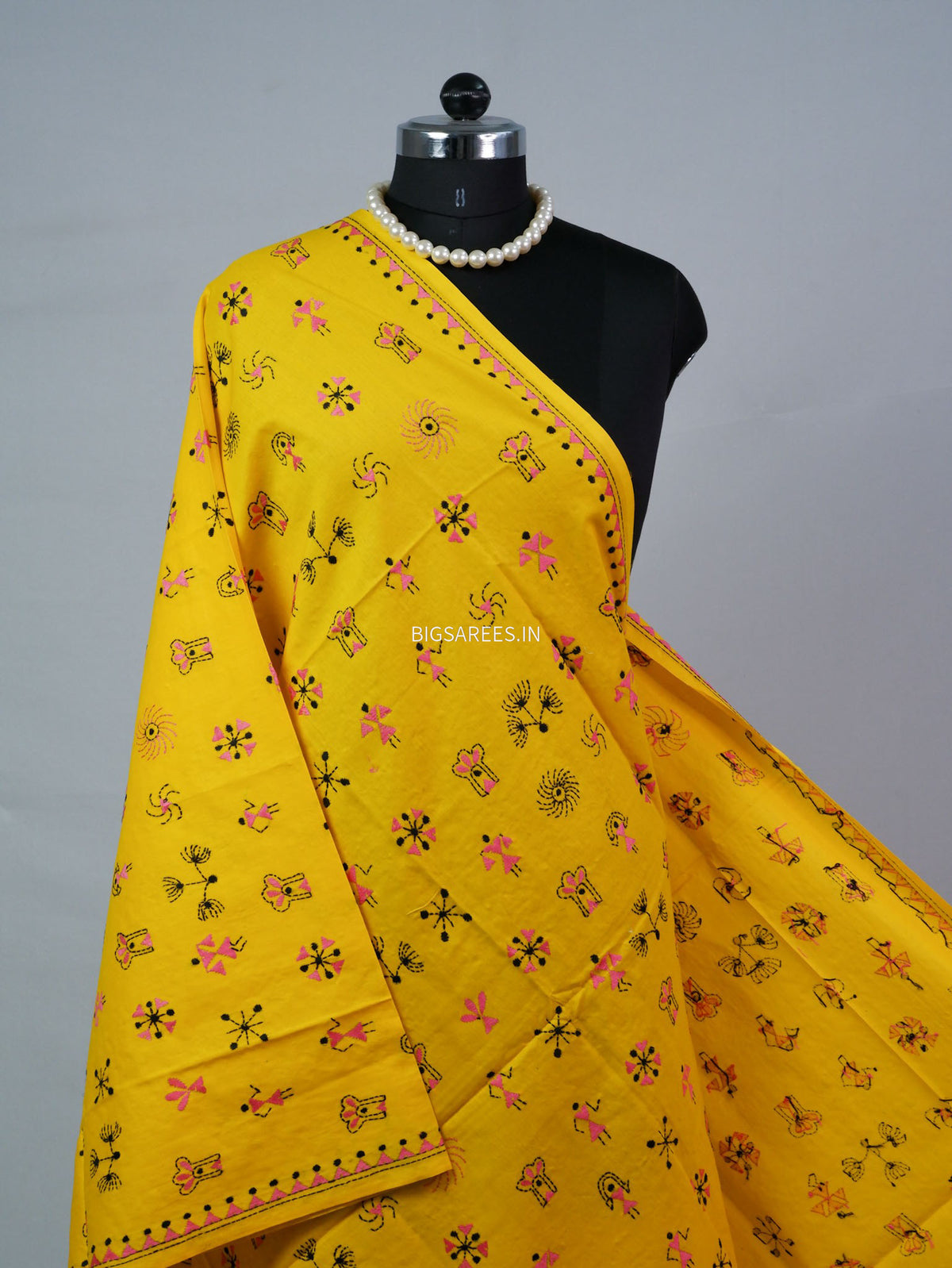 Hand-Embroidered Kantha - Stitch Dupatta | Pure Cotton | Yellow