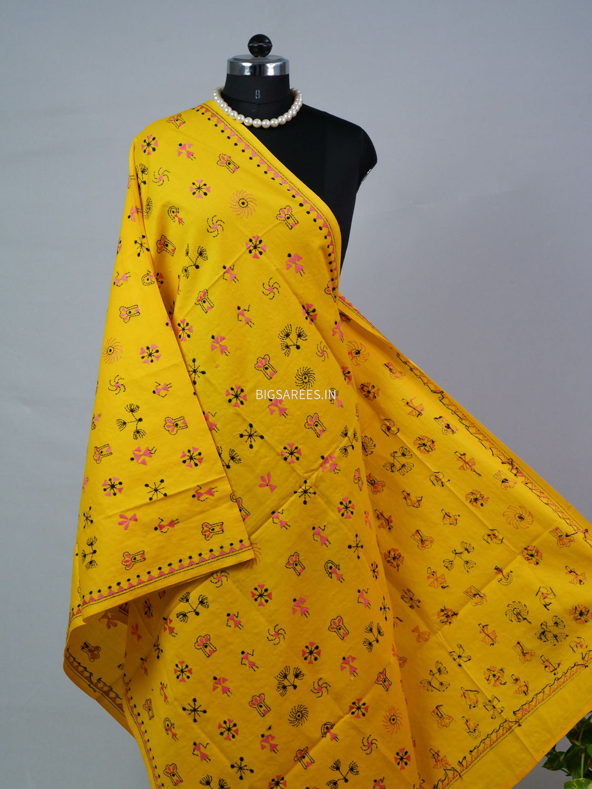 Hand-Embroidered Kantha - Stitch Dupatta | Pure Cotton | Yellow