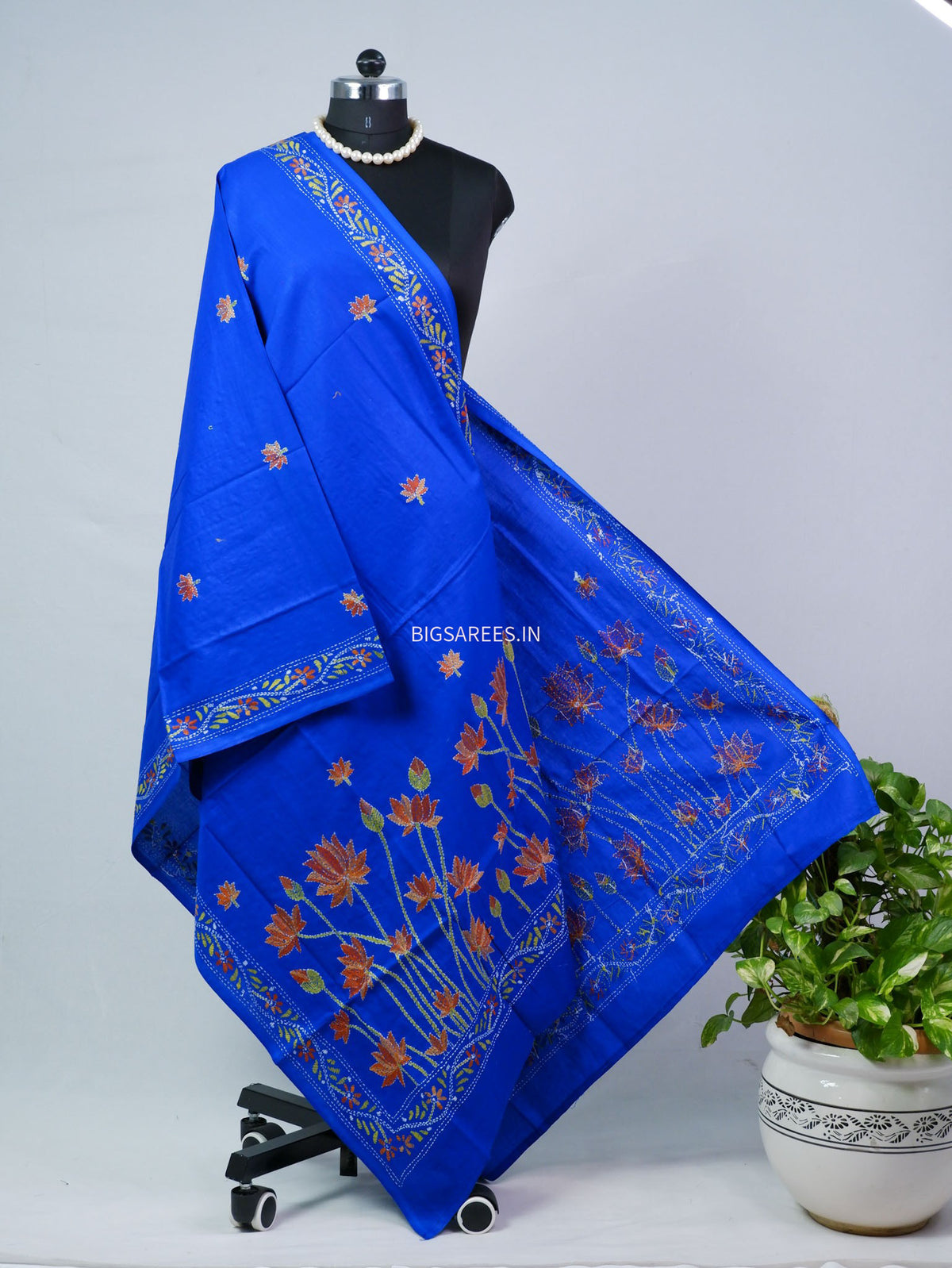 Hand-Embroidered Kantha - Stitch Dupatta | Pure Cotton | Blue