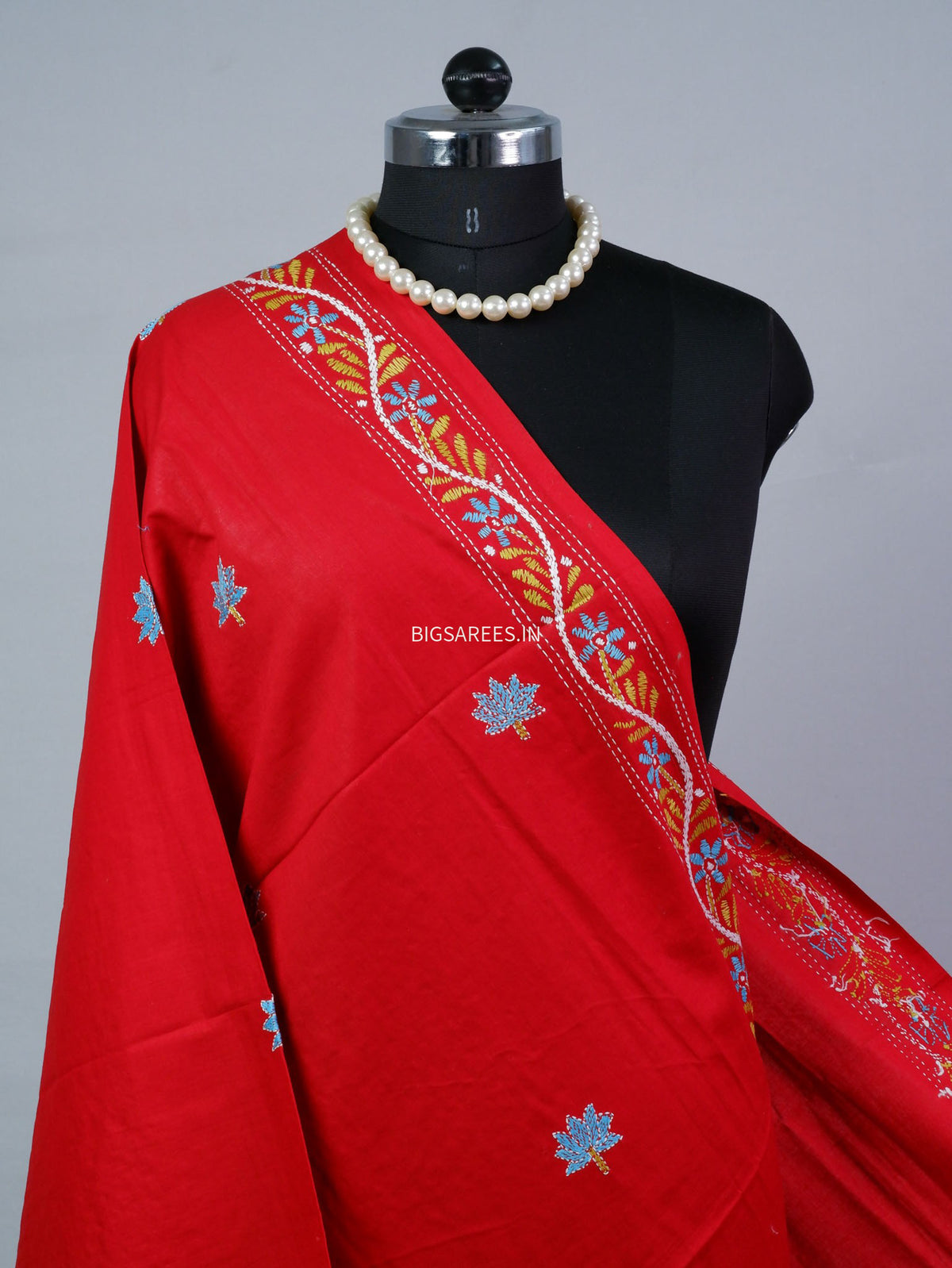 Hand-Embroidered Kantha - Stitch Dupatta | Pure Cotton | Red