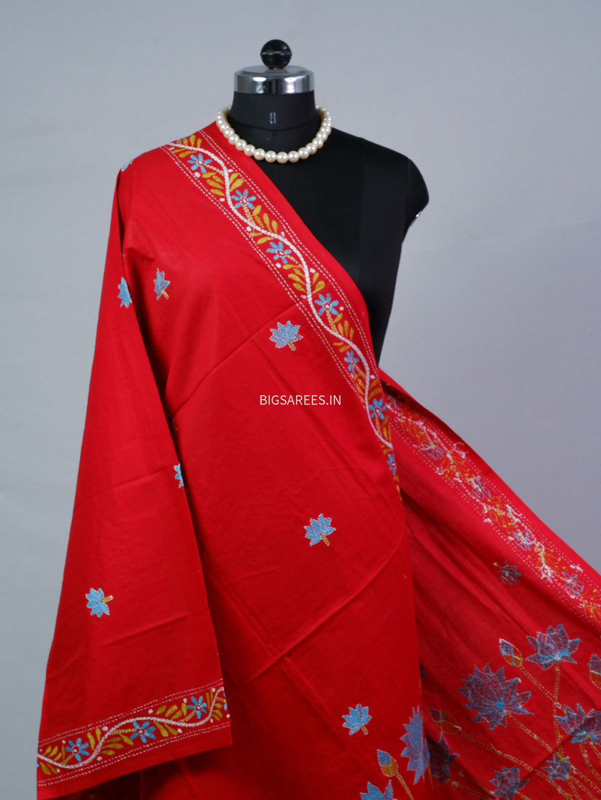 Hand-Embroidered Kantha - Stitch Dupatta | Pure Cotton | Red