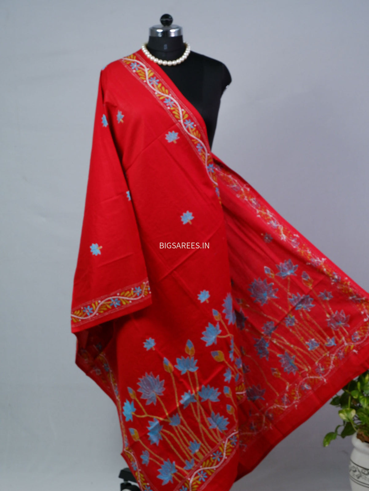 Hand-Embroidered Kantha - Stitch Dupatta | Pure Cotton | Red