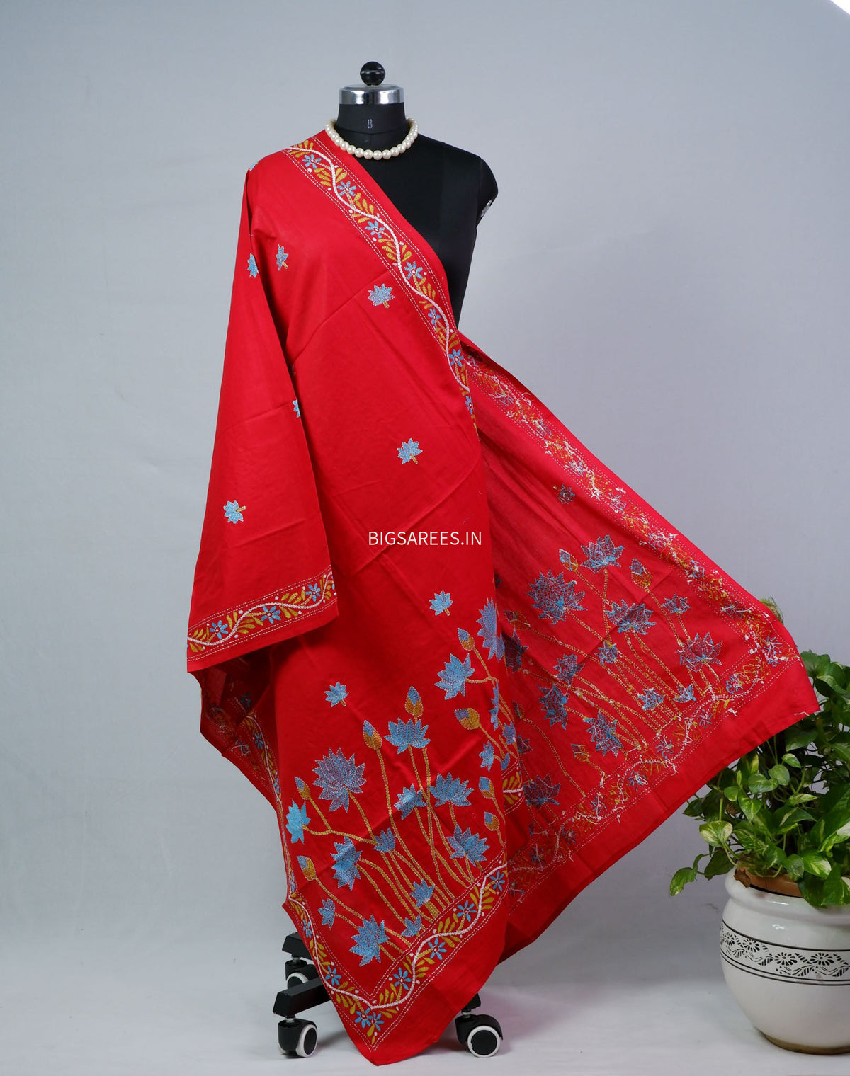 Hand-Embroidered Kantha - Stitch Dupatta | Pure Cotton | Red
