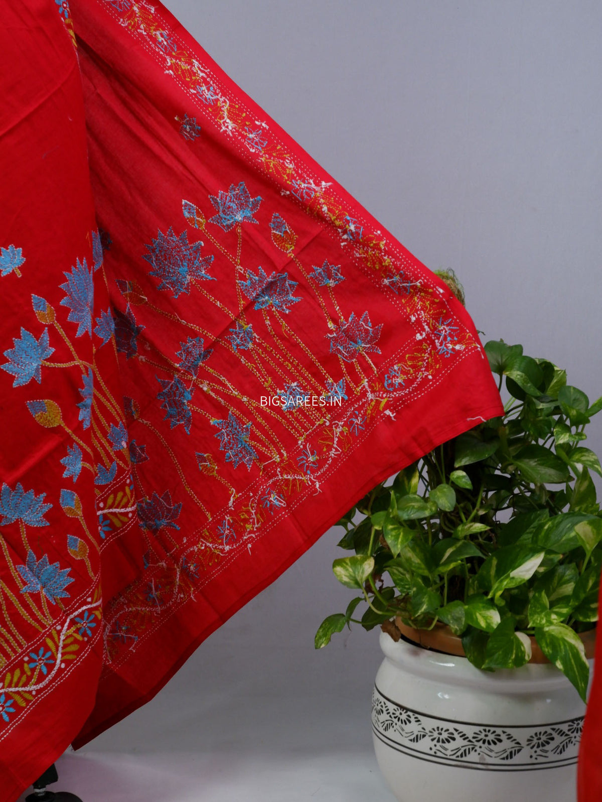 Hand-Embroidered Kantha - Stitch Dupatta | Pure Cotton | Red