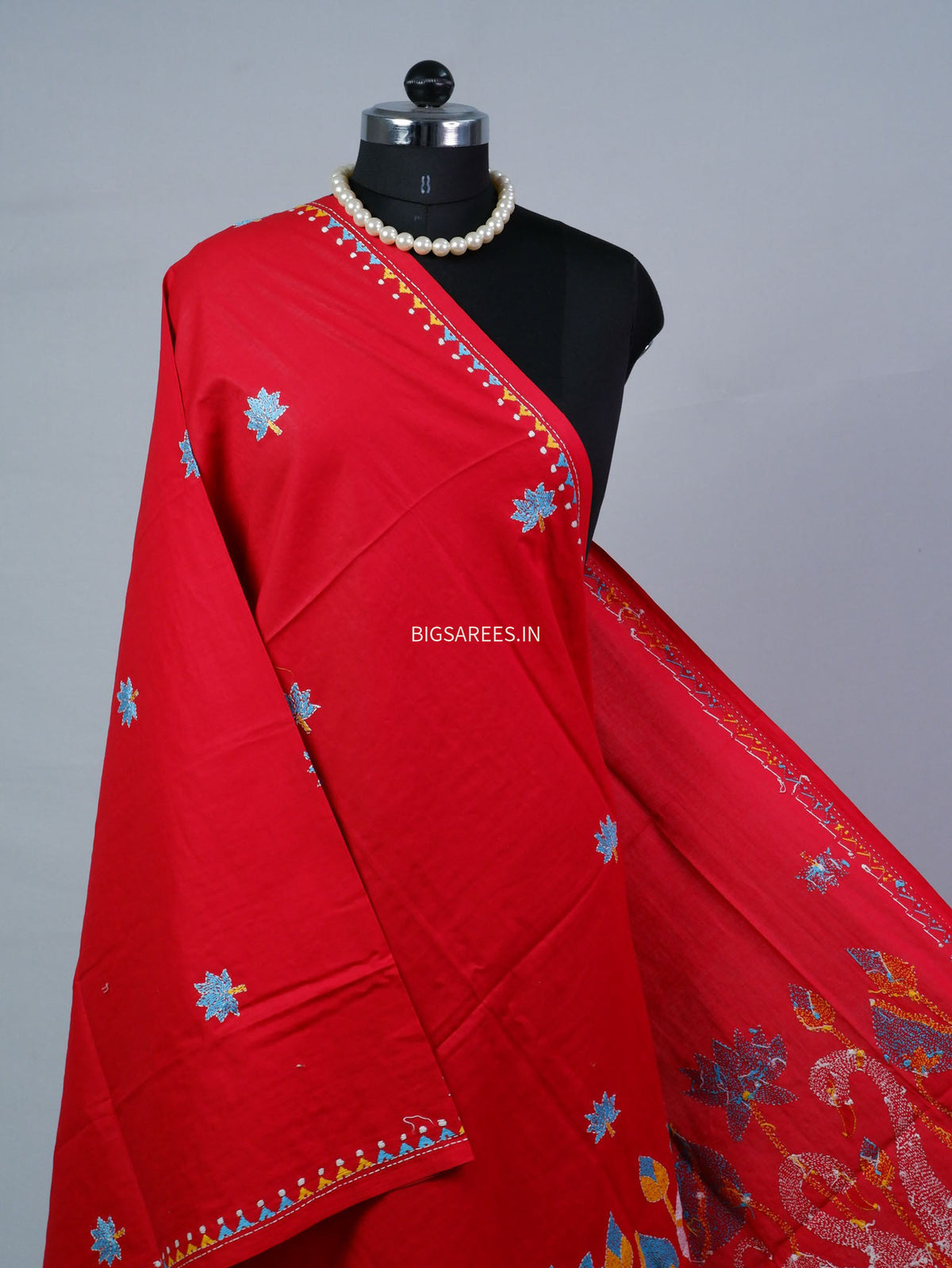 Hand-Embroidered Kantha - Stitch Dupatta | Pure Cotton | Red