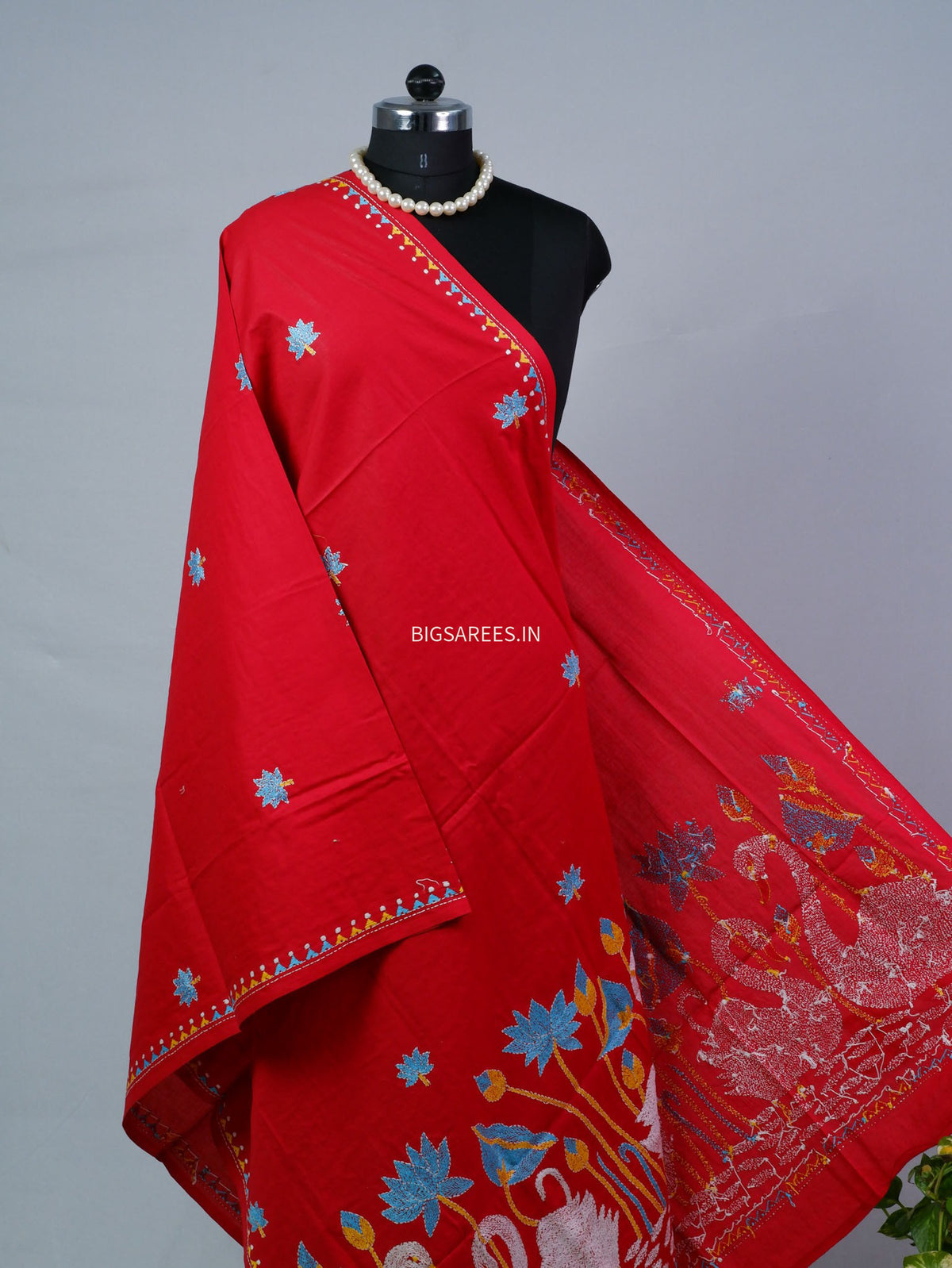 Hand-Embroidered Kantha - Stitch Dupatta | Pure Cotton | Red