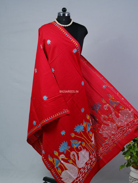 Hand-Embroidered Kantha - Stitch Dupatta | Pure Cotton | Red