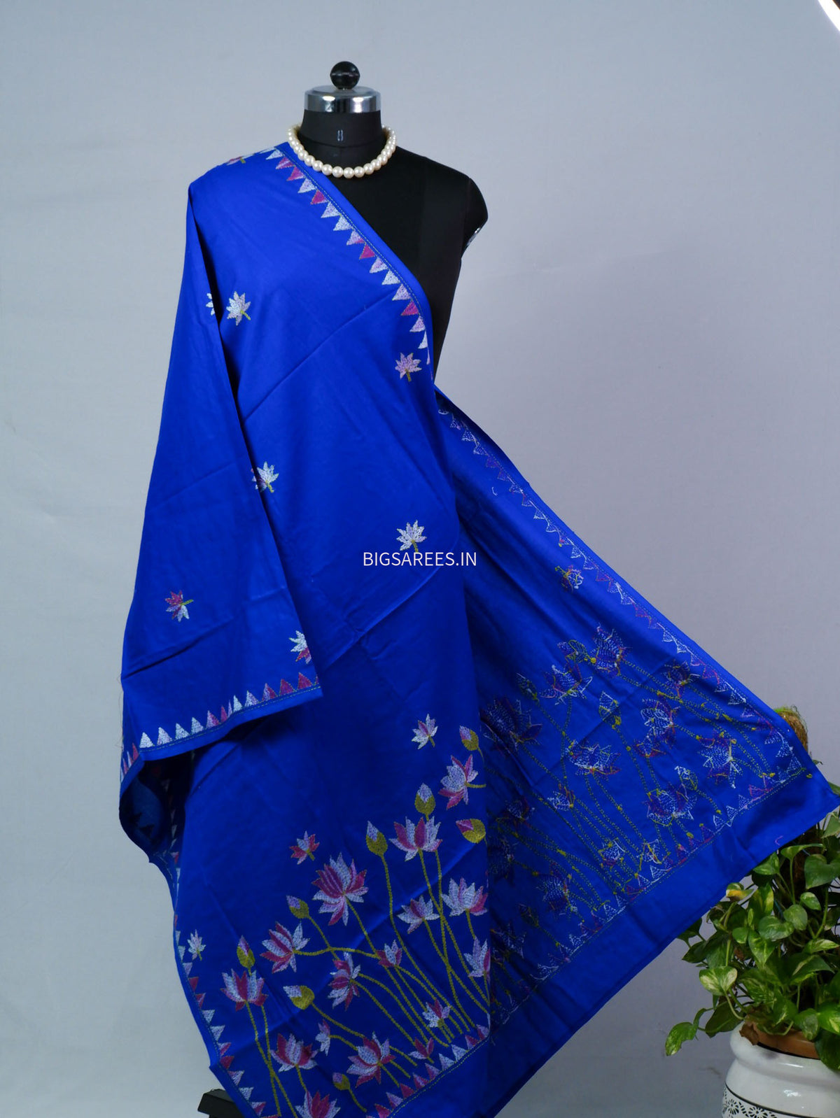 Hand-Embroidered Kantha - Stitch Dupatta | Pure Cotton | Blue