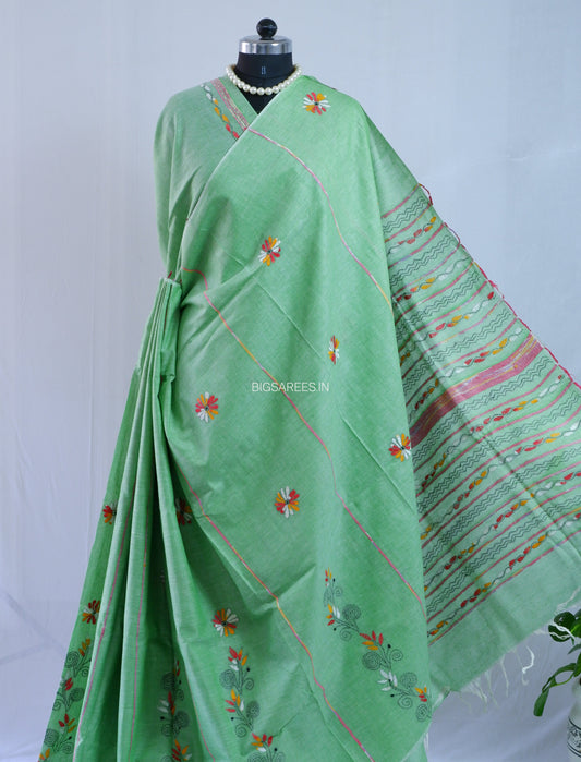 Kantha Stitch Hand-Embroidered Saree | Pure Khesh Cotton | Light Green