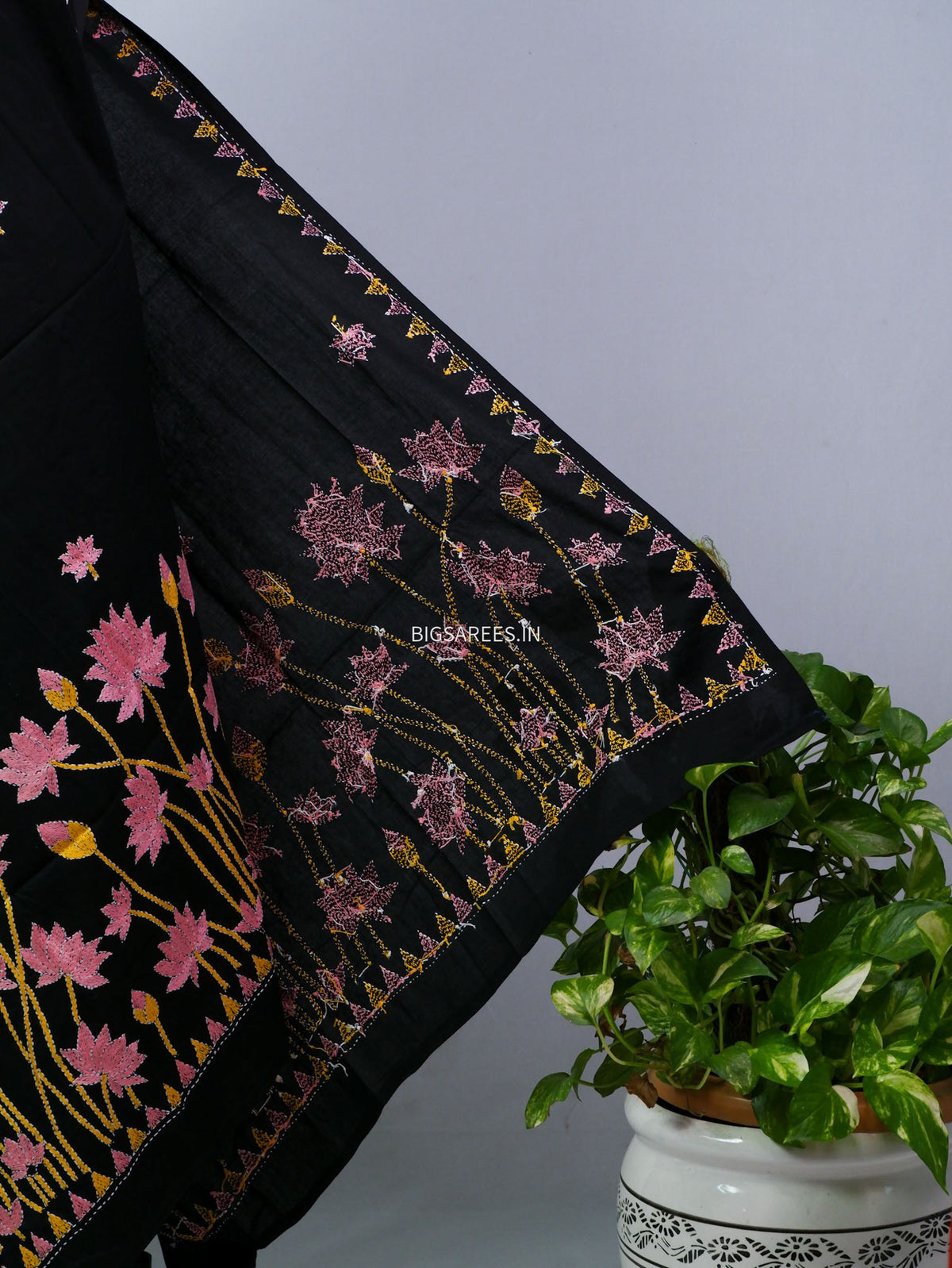 Hand-Embroidered Kantha - Stitch Dupatta | Pure Cotton | Black