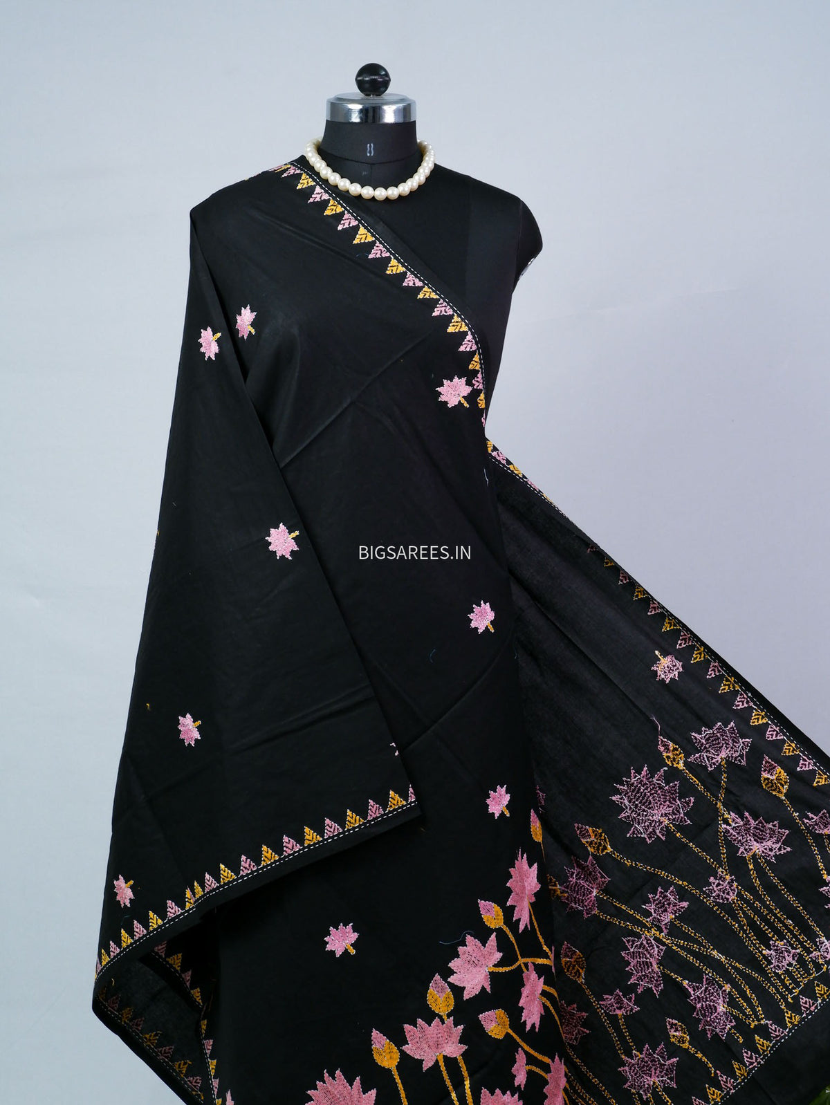 Hand-Embroidered Kantha - Stitch Dupatta | Pure Cotton | Black