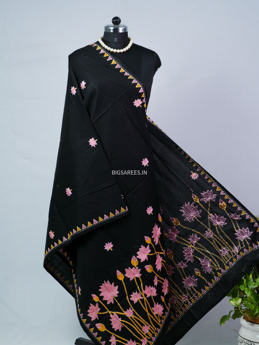 Hand-Embroidered Kantha - Stitch Dupatta | Pure Cotton | Black