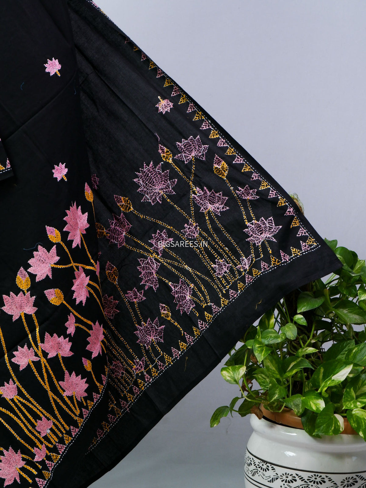 Hand-Embroidered Kantha - Stitch Dupatta | Pure Cotton | Black