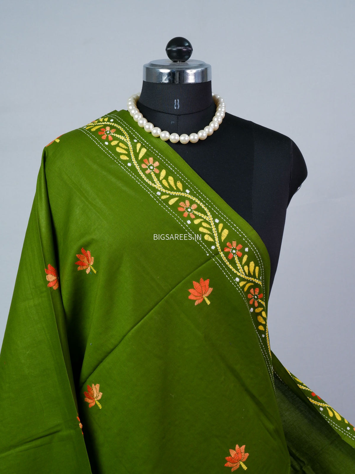 Hand-Embroidered Kantha - Stitch Dupatta | Pure Cotton | Green