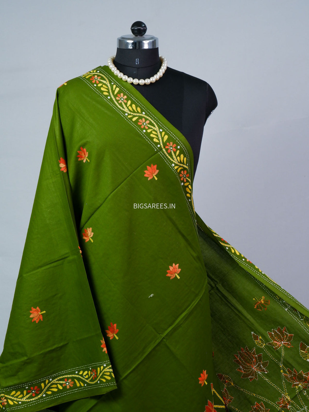 Hand-Embroidered Kantha - Stitch Dupatta | Pure Cotton | Green