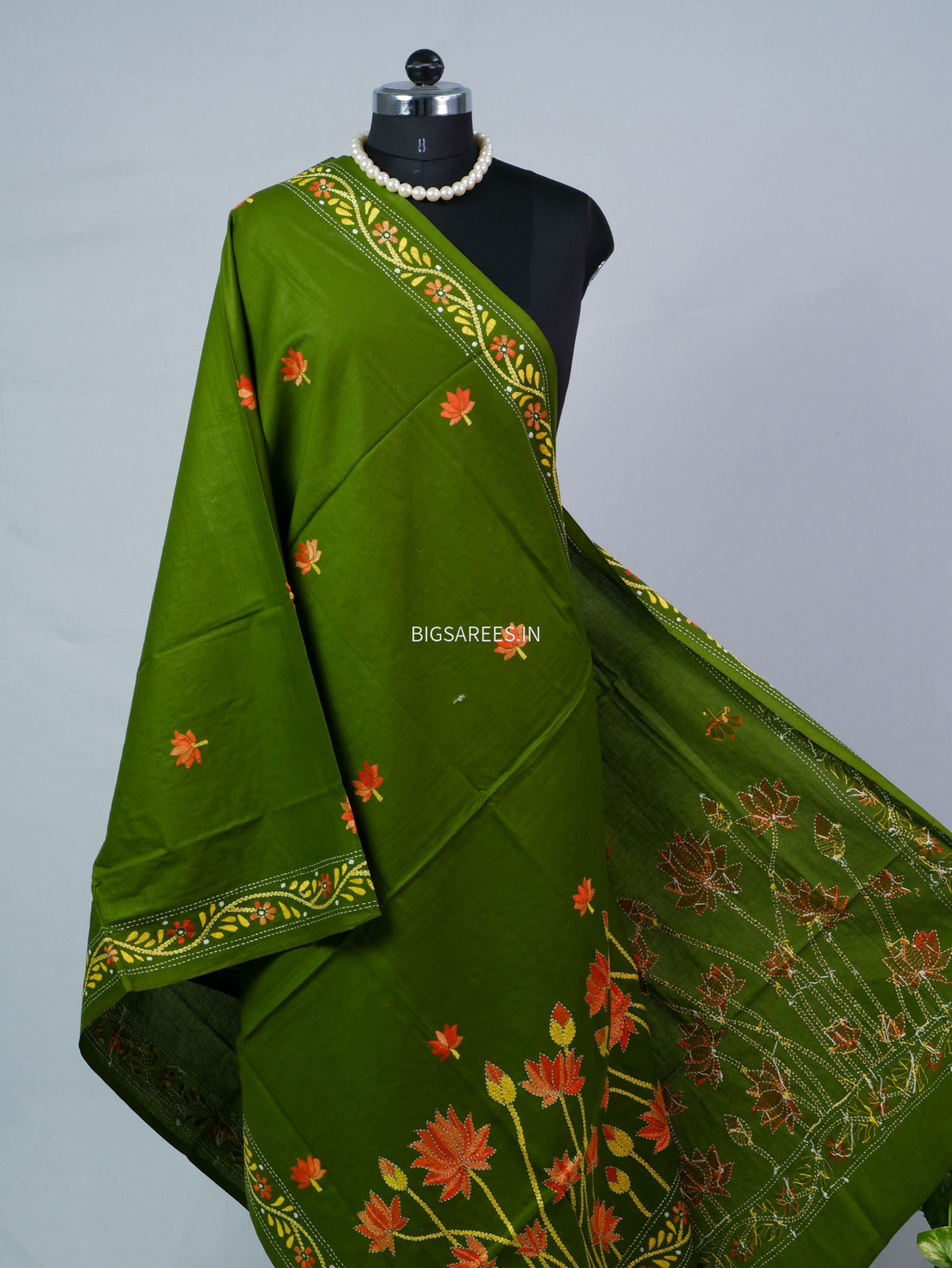 Hand-Embroidered Kantha - Stitch Dupatta | Pure Cotton | Green