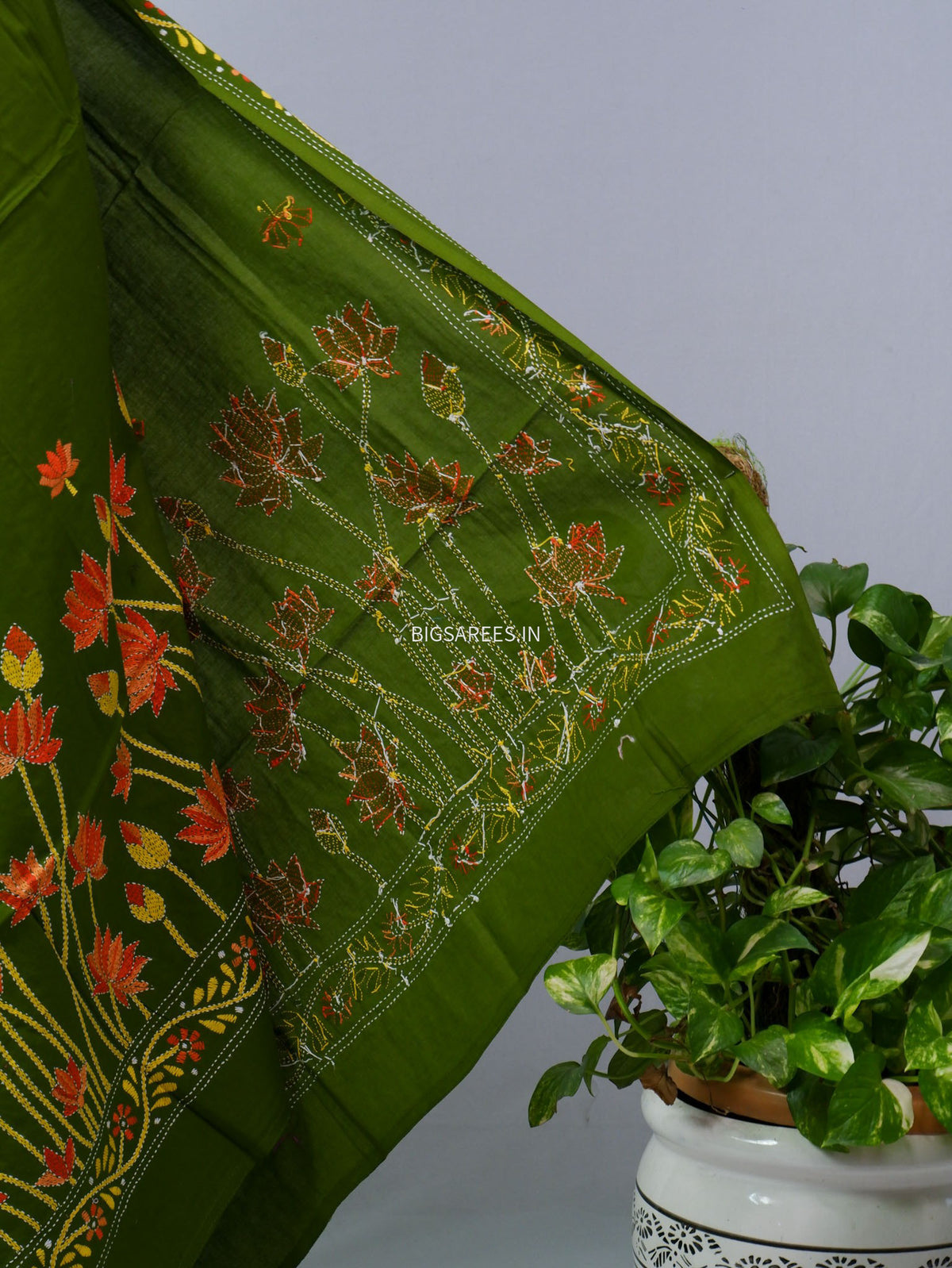 Hand-Embroidered Kantha - Stitch Dupatta | Pure Cotton | Green