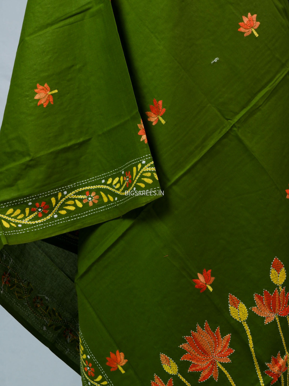 Hand-Embroidered Kantha - Stitch Dupatta | Pure Cotton | Green